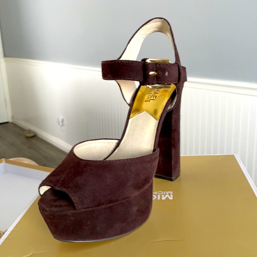 Michael Kors London open toe coffee suede heels